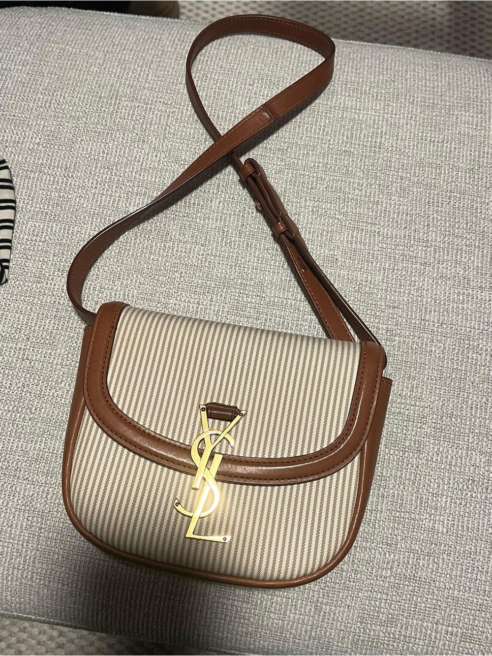 Yves Saint Laurent Cream and Brown Striped Crossbody with Gold Logo